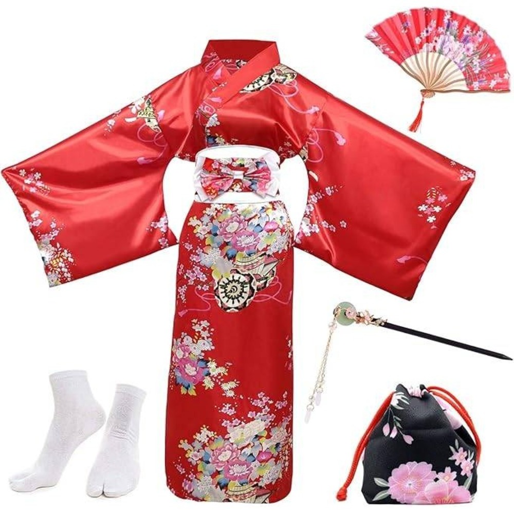 Women's 2XL 5 Pieces Set Japanese Kimono Geisha Yukata Dress Blossom Satin B